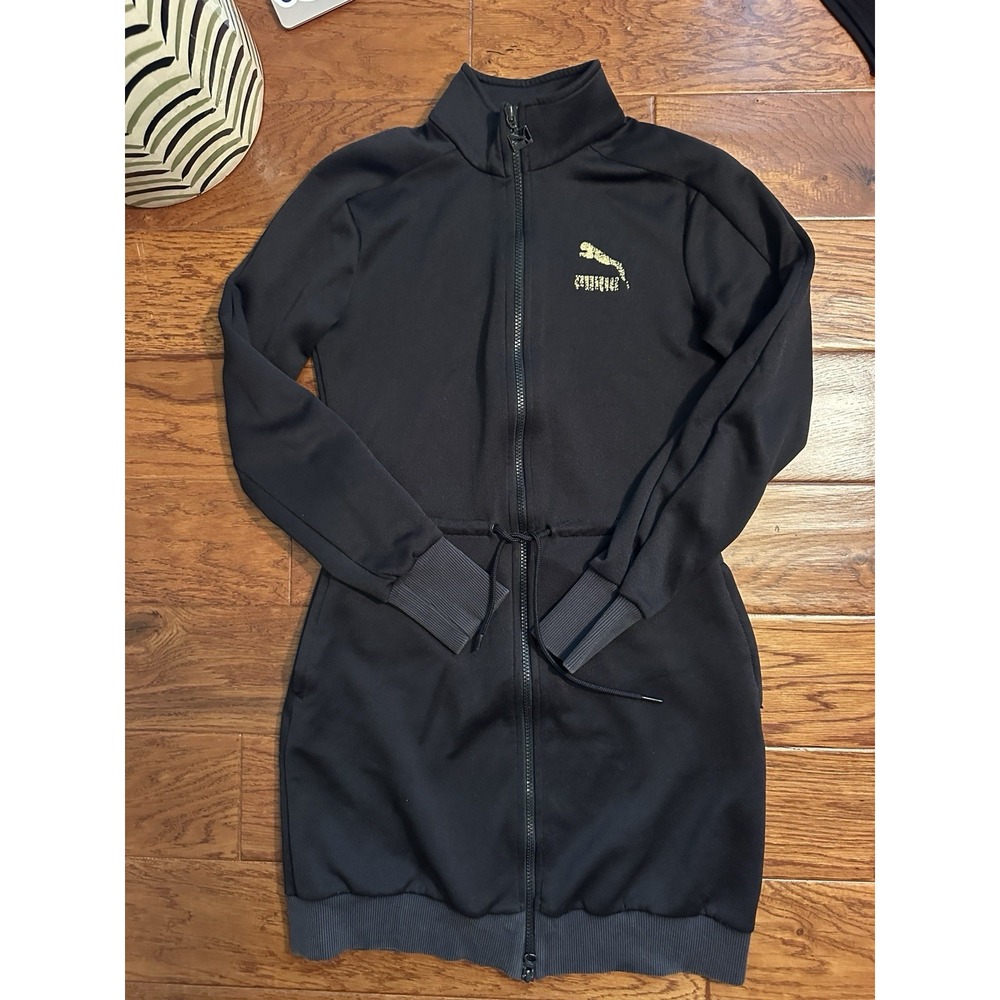 PUMA Womens M Black Gold Glitter Logo Full Zip Drawstring Track Jacket Dress Y2K